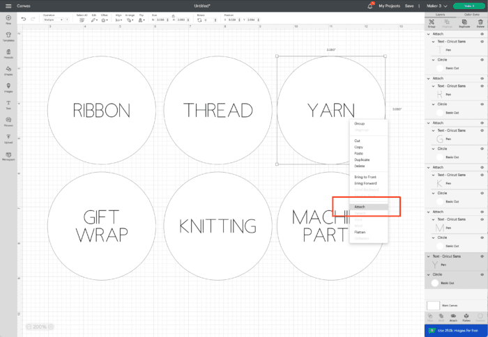 Screenshot in Cricut Design Space - Attaching Text to Shapes