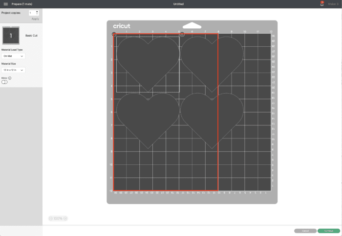 Screenshot in Cricut Design Space - Hearts on Cut Prepare Screen