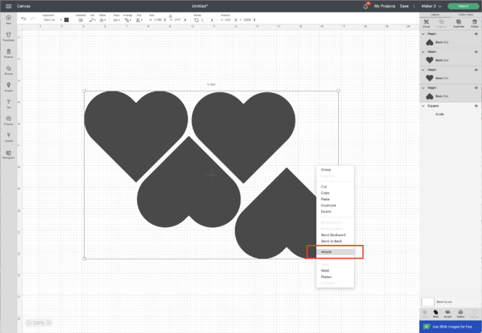Screenshot in Cricut Design Space - Attach Tool on hearts layout