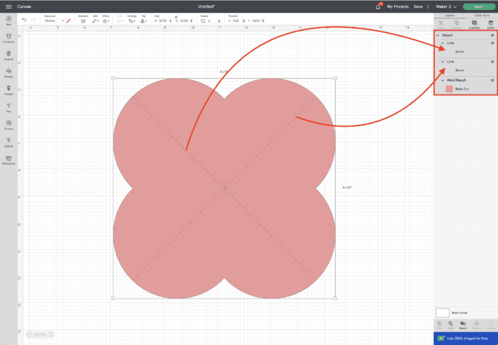 Screenshot in Cricut Design Space - Score Lines Attached to Cut Shape