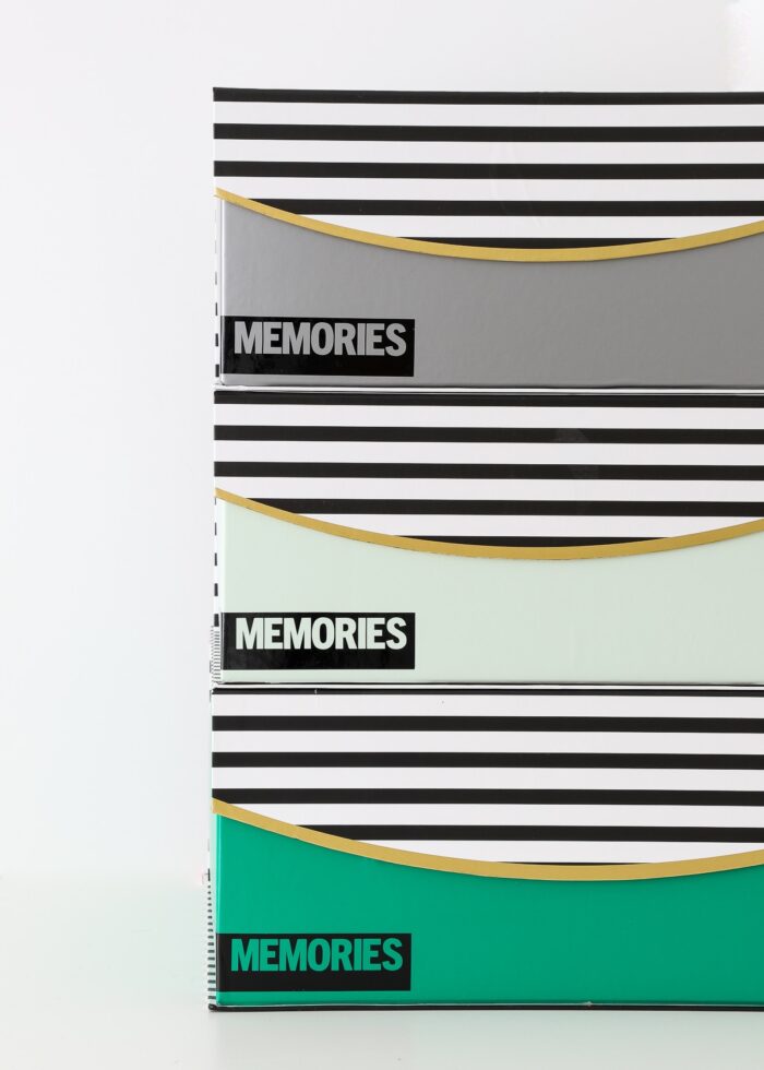 Memory boxes wrapped in different colors of vinyl