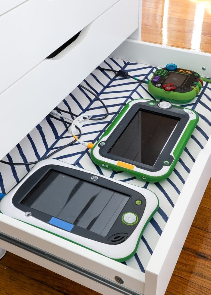DIY Charging Station set up in bottom drawer of IKEA Alex unit