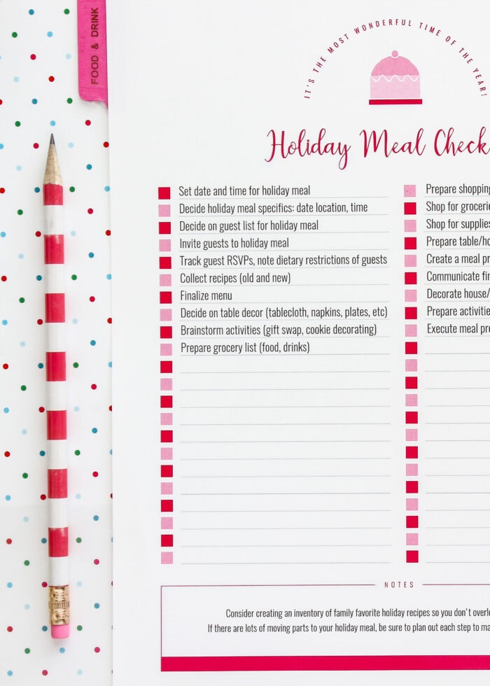 Holiday Meal Checklist shown with pencil