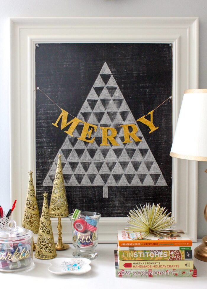 Neutral Christmas decor shown with a chalkboard Christmas tree 
