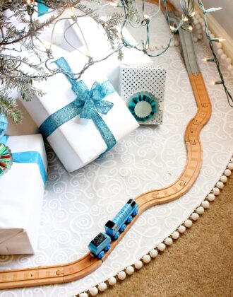 White DIY Christmas Tree Skirt with wooden train track