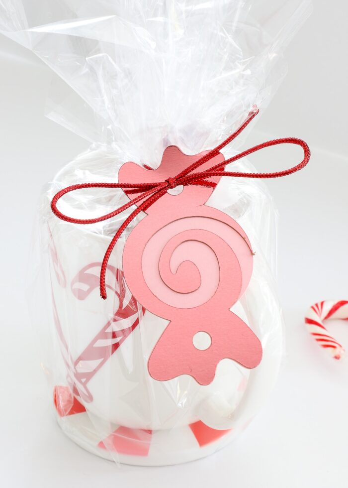 Pink Peppermint Gift Tag tied onto coffee mug