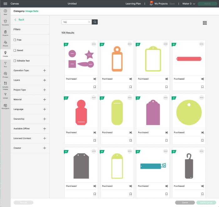 Screenshot of Cricut Design Space | Tags in Image Library