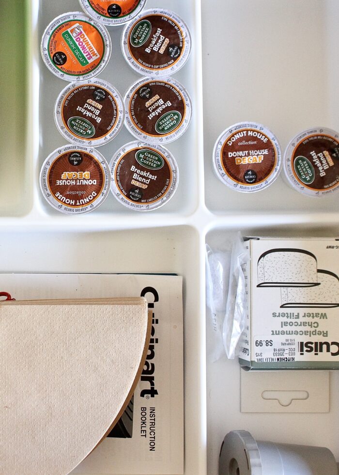 Coffee supplies in a kitchen drawer