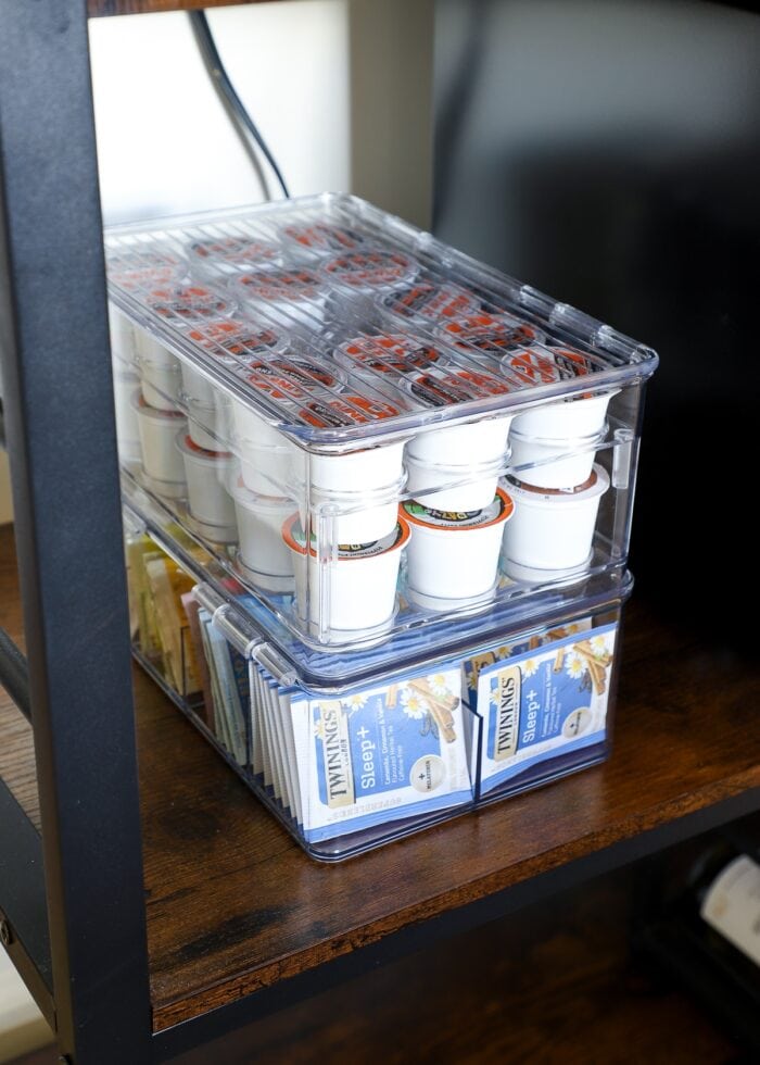 Coffee pods in a clear box with tea bags