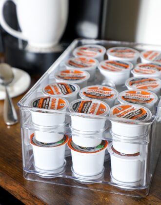 Coffee pods in a clear acrylic organizer