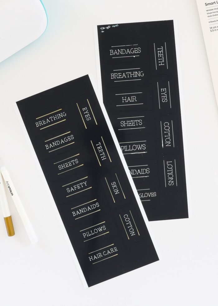 Linen closet labels cut from black Smart Label Writable Vinyl