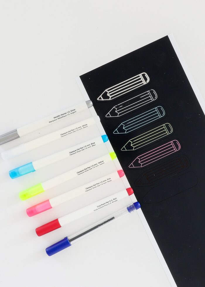 Pen design drawn on black Smart Label with 7 different Cricut Pens