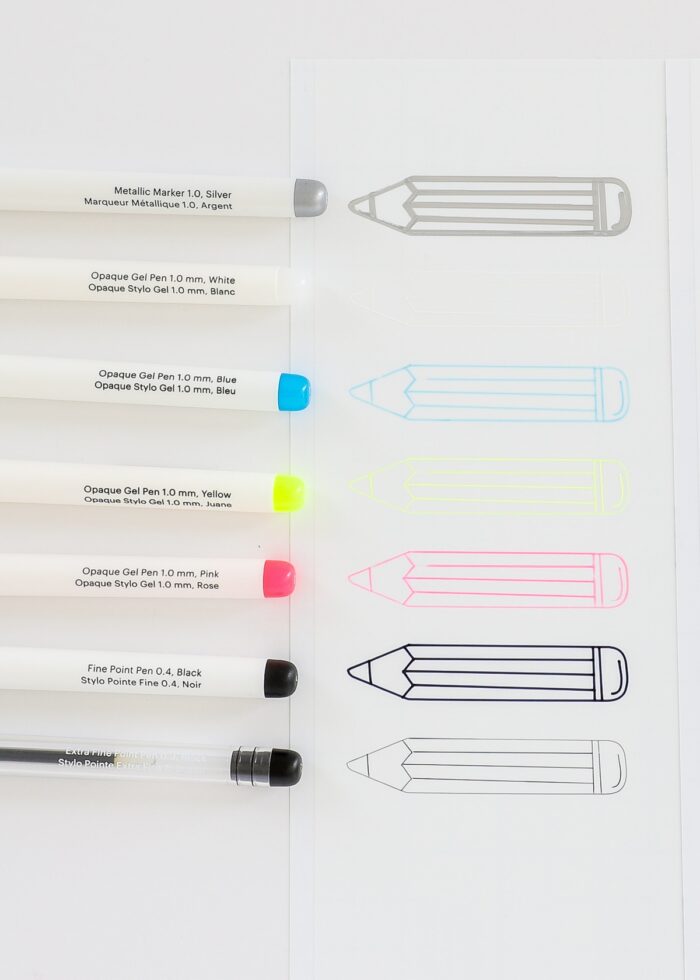 Pencils drawn in different Cricut Pens on White Smart Label Writable Vinyl