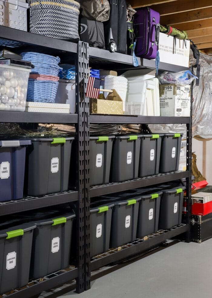 Garage shelves with plastic storage bins