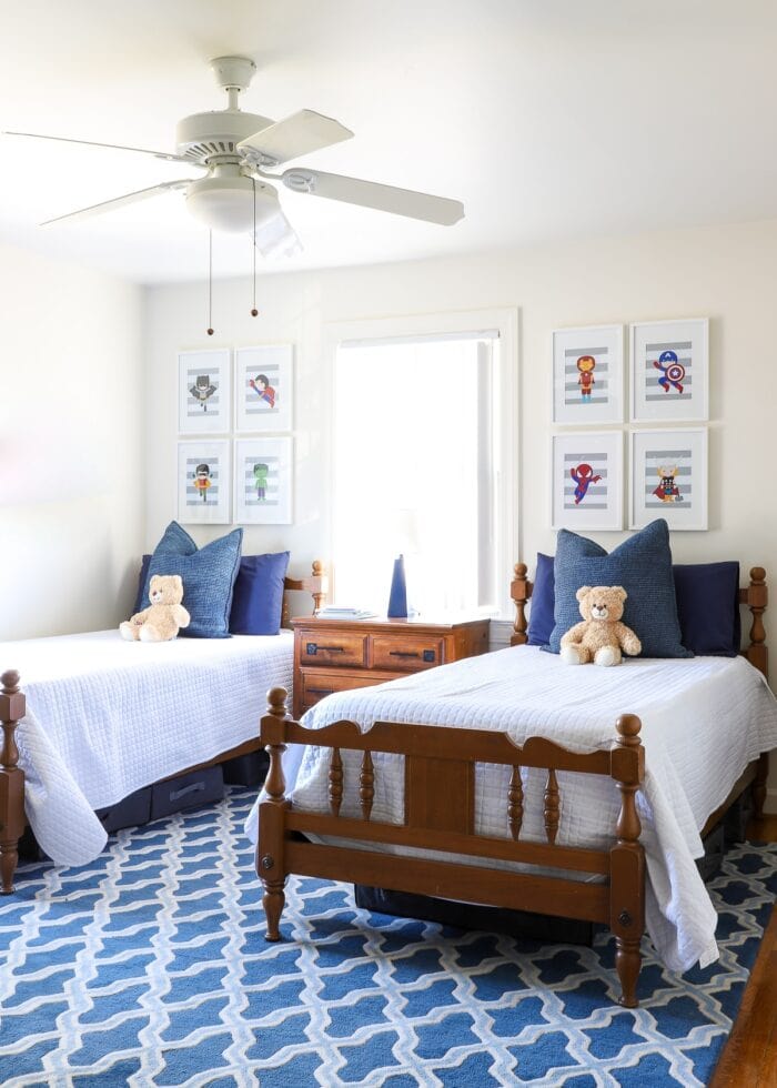 Ceiling fan in blue and white kids' bedroom