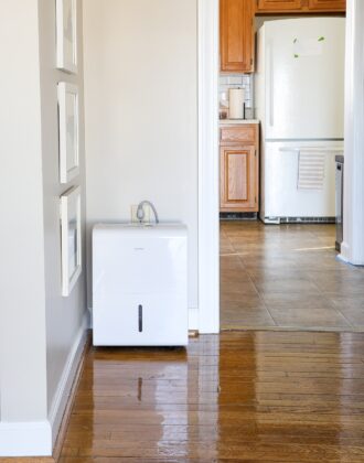 Dehumidifier sitting in a foyer with pine hardwood floors