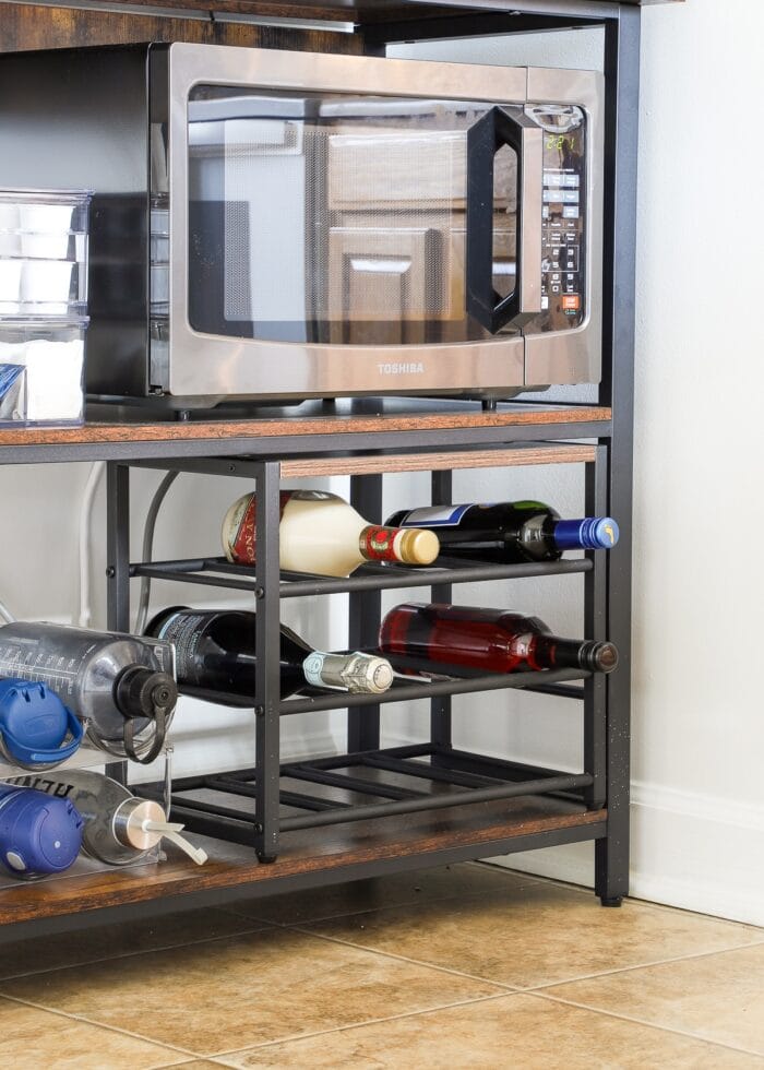 Wine rack on the bottom of a kitchen coffee station