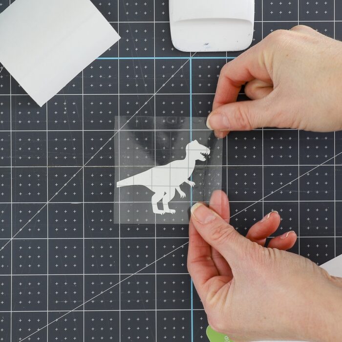 Hands holding dinosaur toy bin label adhered to transfer tape