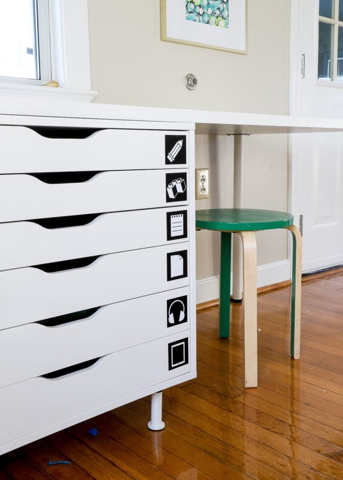 White drawers with black and white vinyl picture labels
