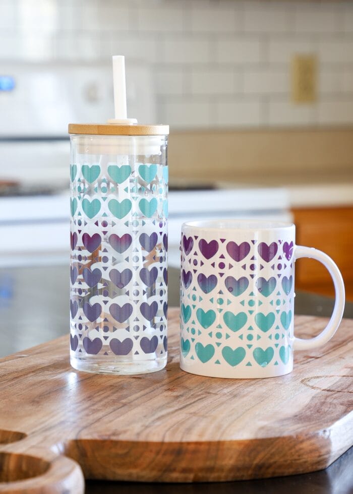 Purple and teal Color Changing Vinyl on a mug and glass bottle