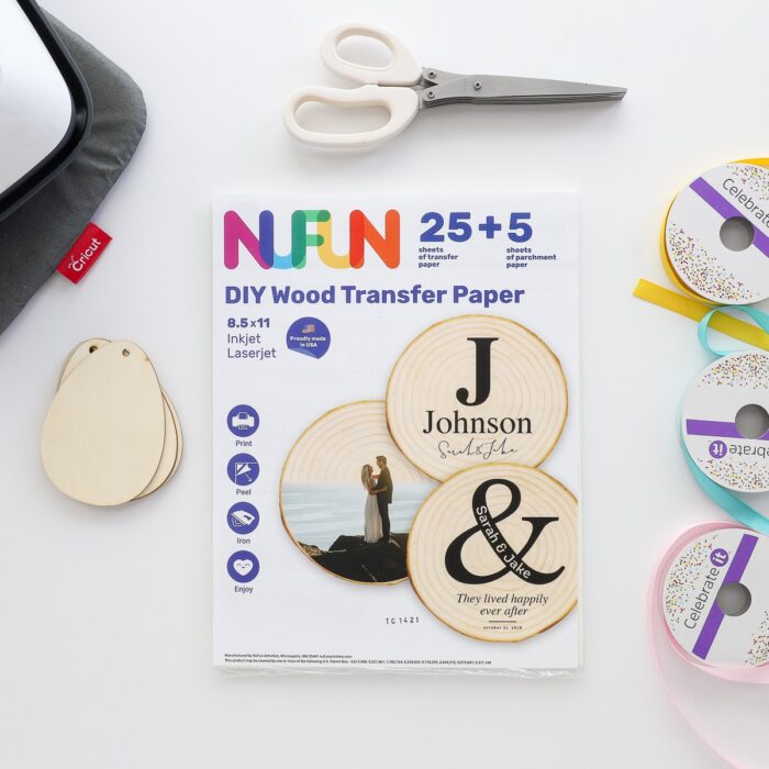 NuFun DIY Wood Transfer Paper shown on a white table with other supplies