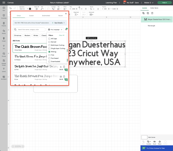 Cricut Design Space Screenshot | Writing Font