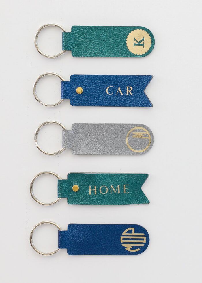 Monograms on faux leather keychains