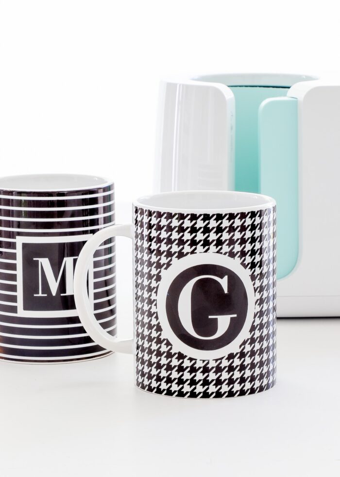 Black and white mugs with single letter monograms