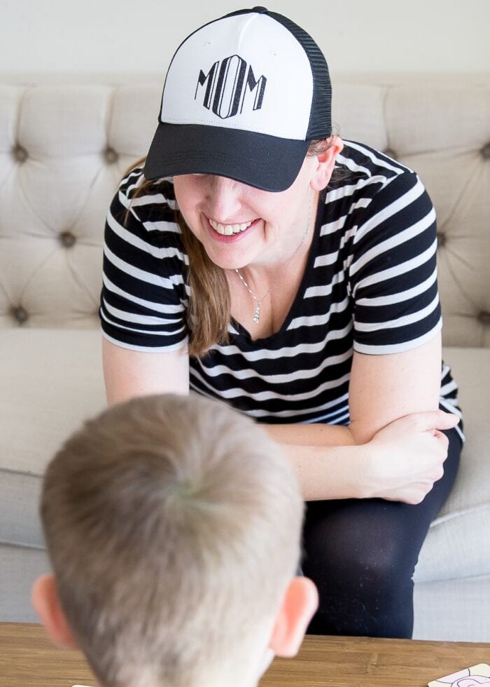 Megan with monogrammed "Mom" hat