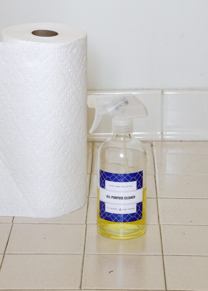 All Purpose Cleaner and a roll of paper towels on a white tile floor
