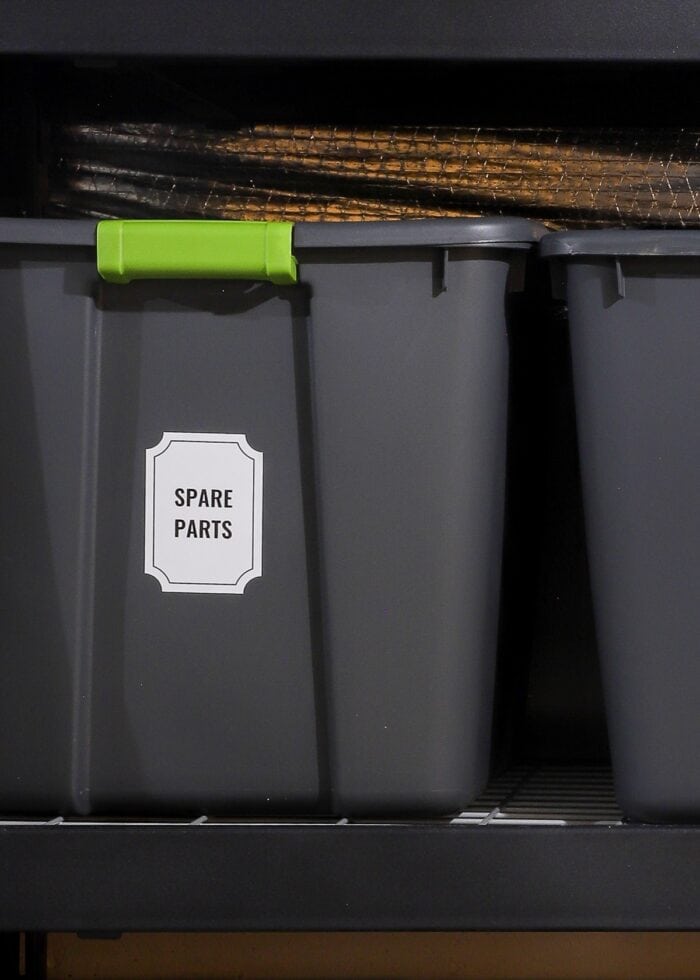 Storage bin containing spare parts