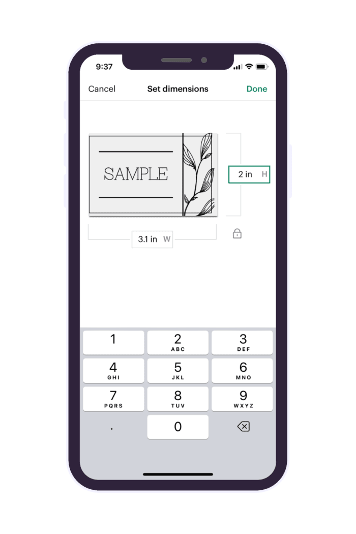 Cricut Joy App Screenshot | Size Selection