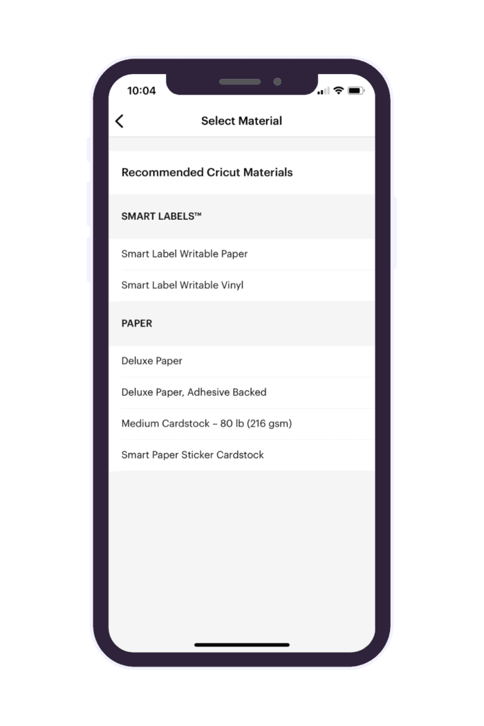 Cricut Joy App Screenshot | Material Selection