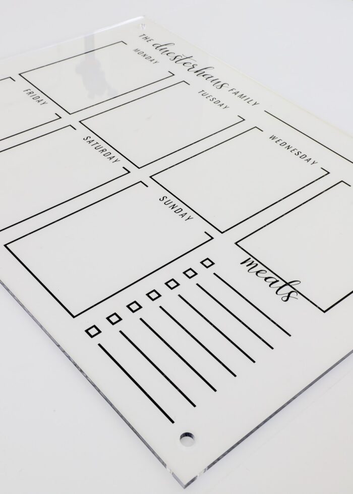 Clear acrylic board with weekly planner in black vinyl
