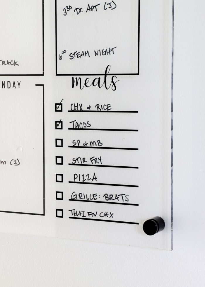 Acrylic meal board filled out with dry-erase marker