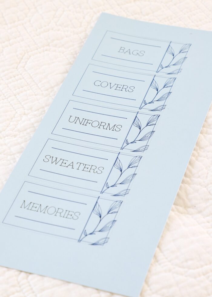 5 labels drawn with Cricut Joy Pens onto blue Smart Paper Sticker Cardstock