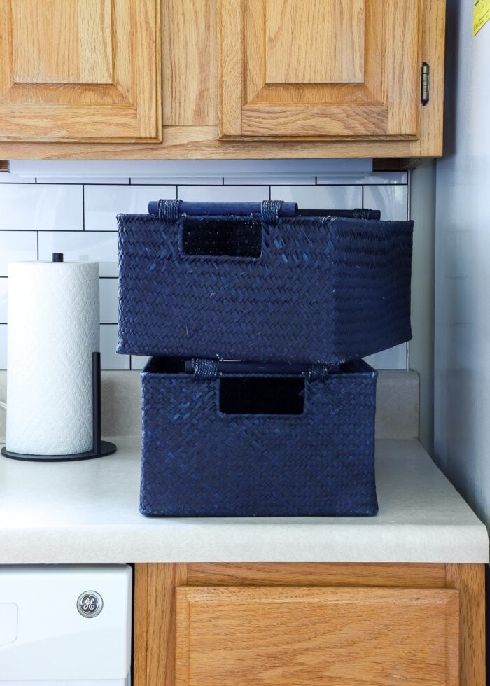 blue baskets on a kitchen counter
