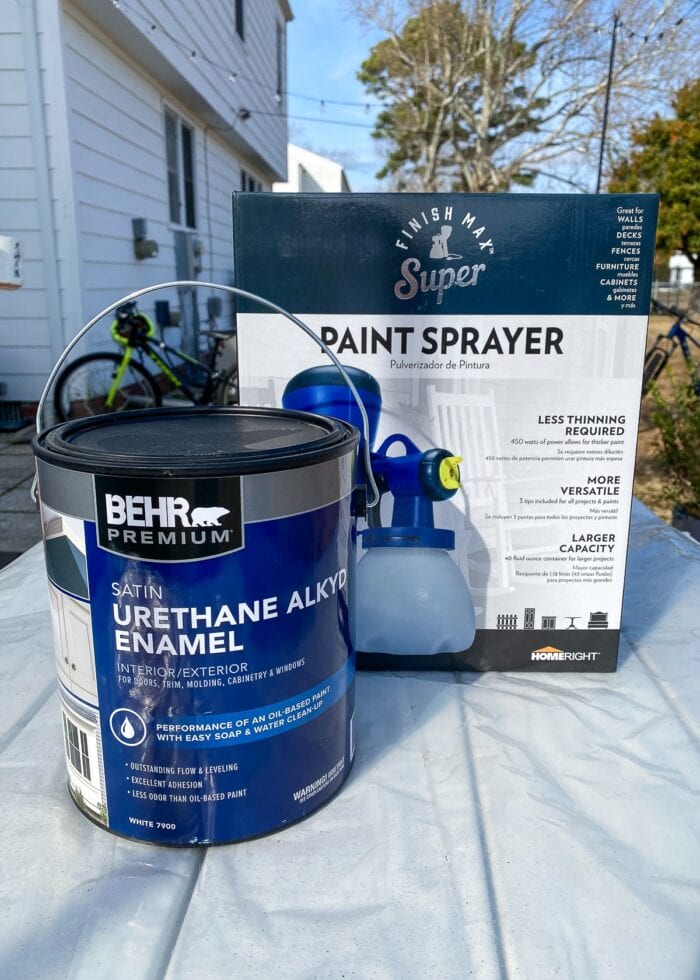 Paint sprayer shown alongside a can of Berh Urethane Alkyd Enamel