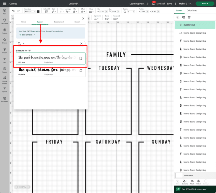 Wall Calendar SVG File in Cricut Design Space Screenshot