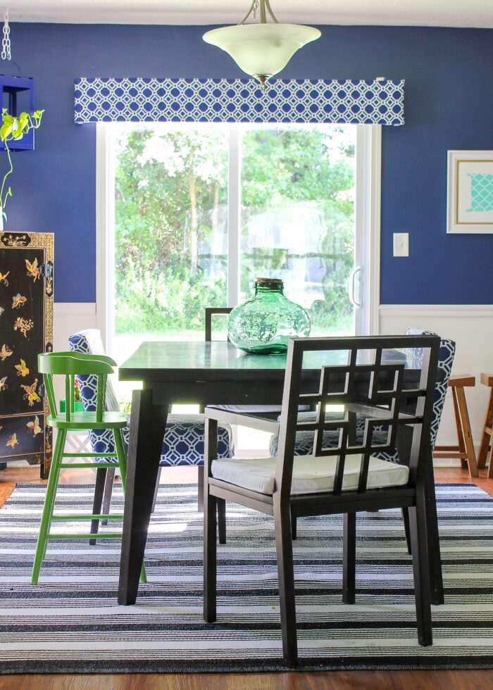 Blue, black, and white dining room