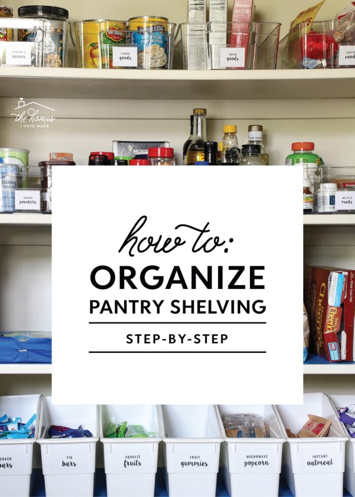 Organized pantry shelves using a variety of clear containers and white baskets