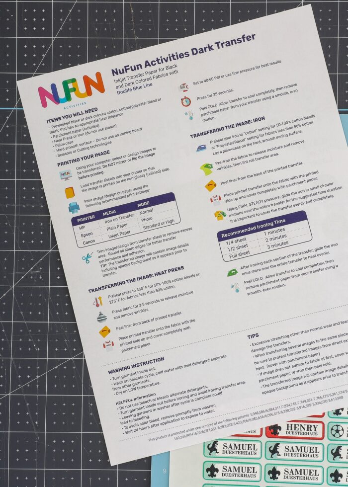 NuFun Dark Transfer Sheet printed instructions