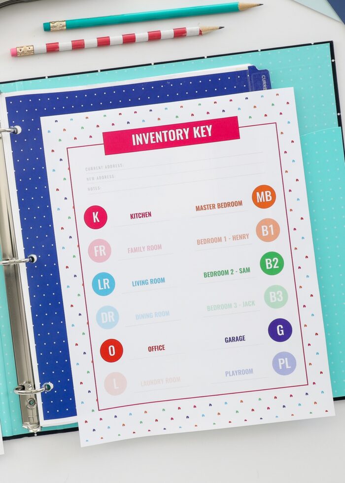 Inventory Key on top of a printable moving binder