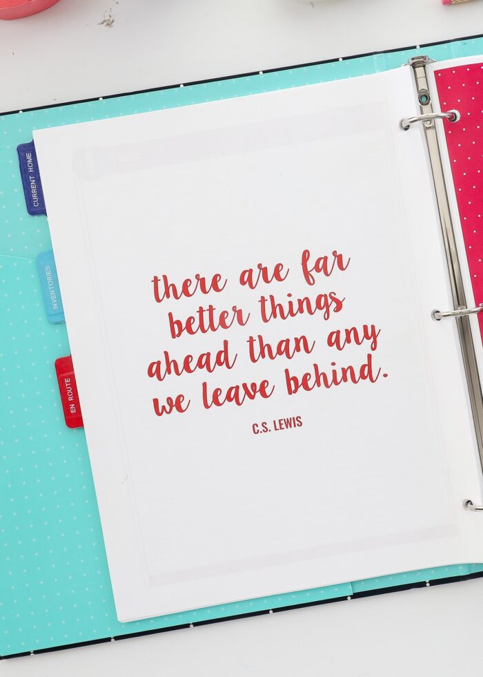Moving quote inside the front of a moving planner