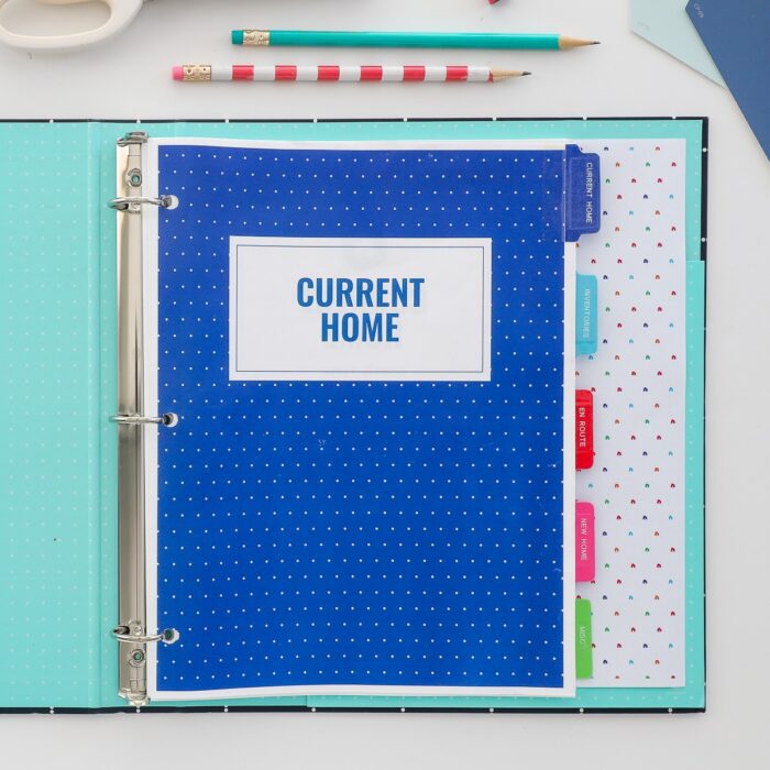 Printable moving Binder open on a white table to the "Current Home" section