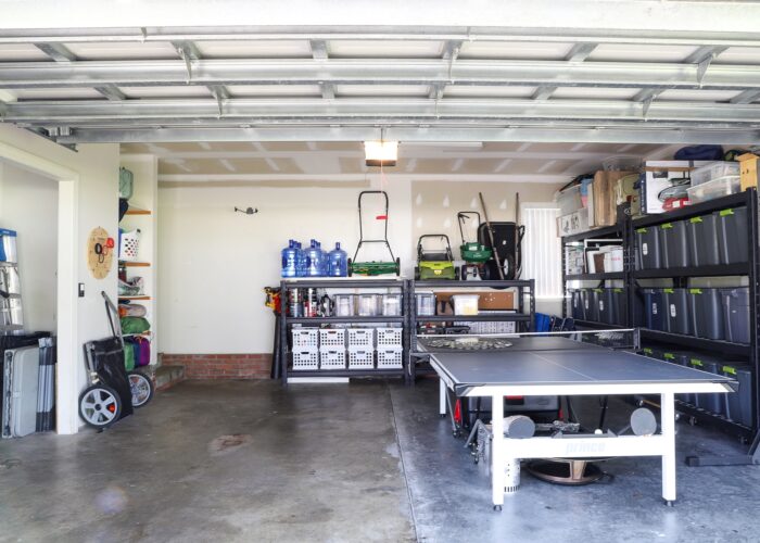Organized garage space with a ping pong table
