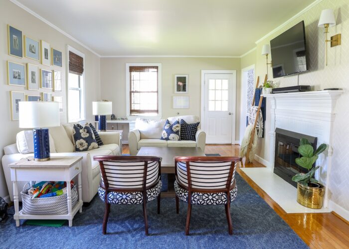Blue, white, and beige family room