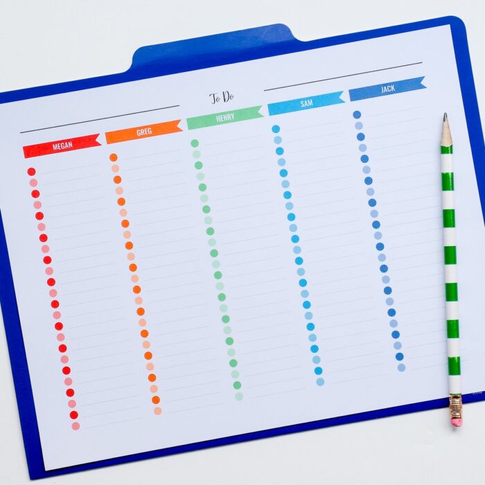 A 5-column categorized checklist on top of a blue file folder