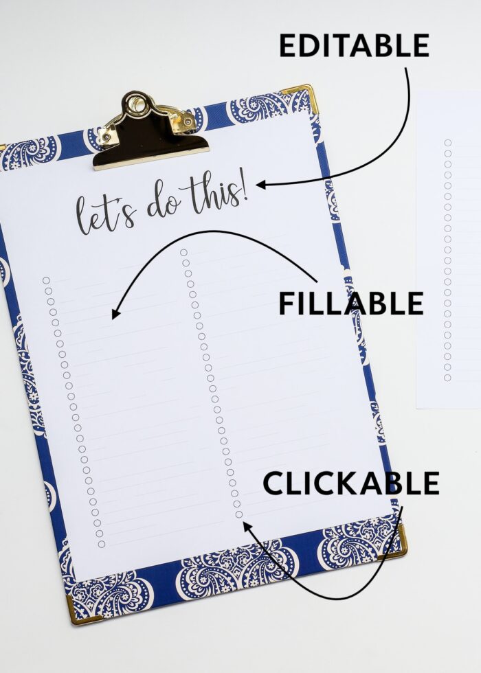 White printable to do list on a blue and gold clipboard