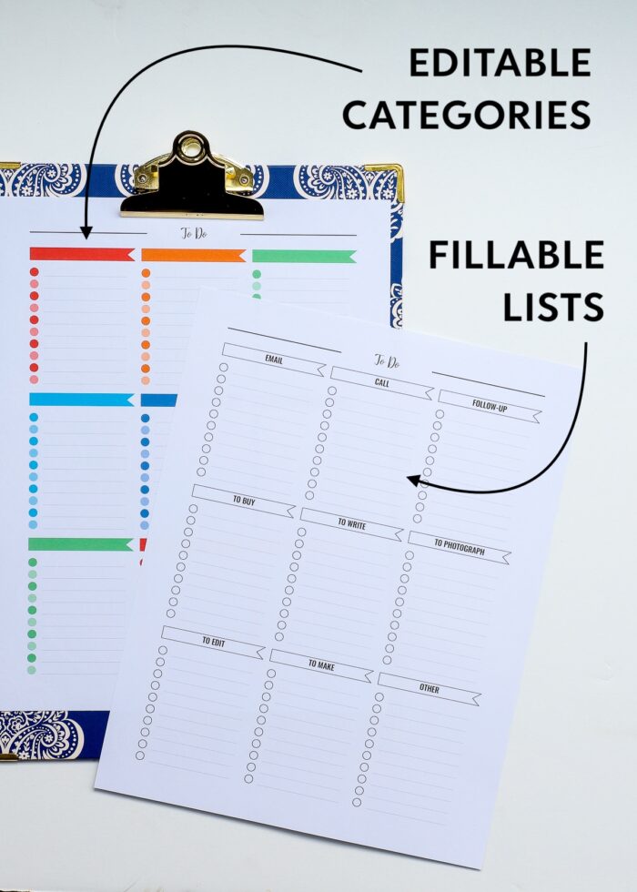 A colorful printable to do list on a blue clipboard with a black and white version next to it